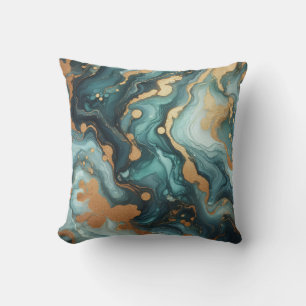 Turquoise + Gold Alcohol Ink Marble Throw Pillow