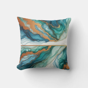 Turquoise + Gold Alcohol Ink Marble Throw Pillow