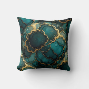 Turquoise + Gold Alcohol Ink Marble Throw Pillow