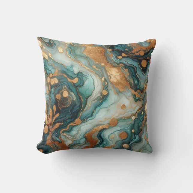 Turquoise + Gold Alcohol Ink Marble Throw Pillow (Front)