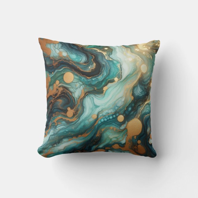 Turquoise + Gold Alcohol Ink Marble Throw Pillow (Front)