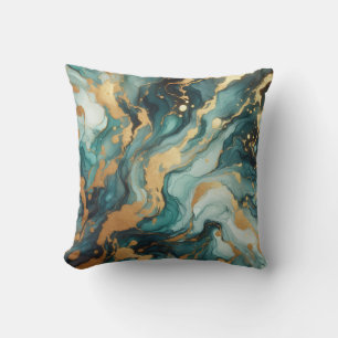 Turquoise + Gold Alcohol Ink Marble Throw Pillow
