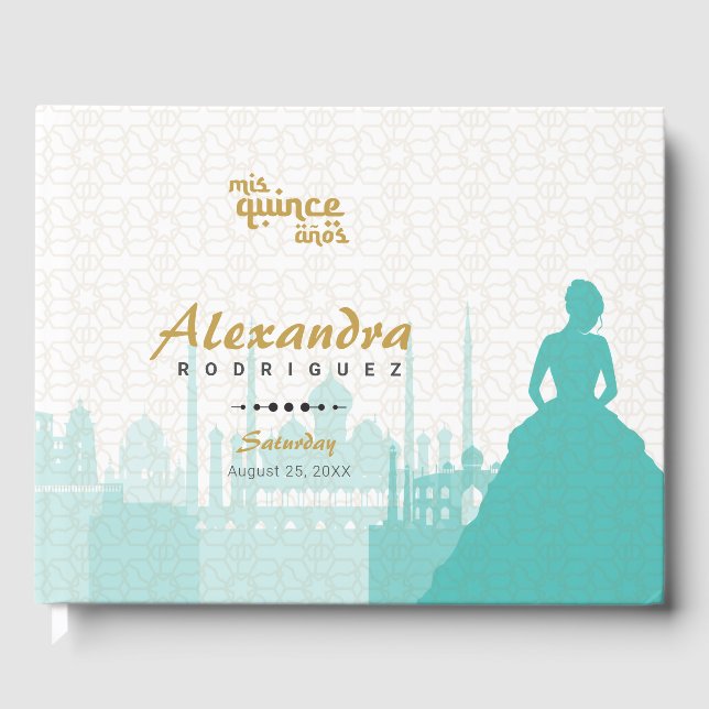 Turquoise & Gold Arabian Quinceañera Guest Book (Front)