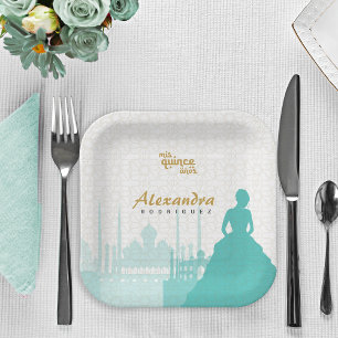 Turquoise & Gold Arabian Quinceañera Paper Plate