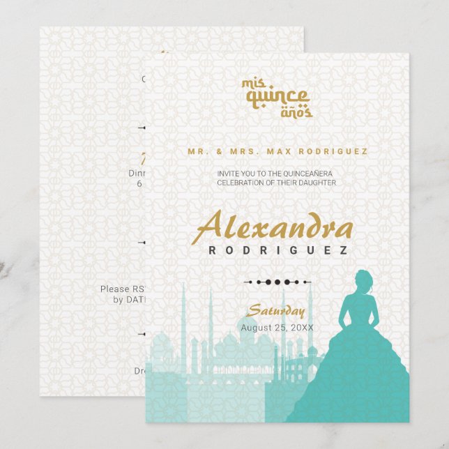 Turquoise & Gold Arabian Quinceañera Photo (Front/Back)
