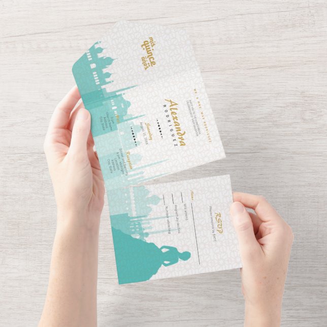 Turquoise & Gold Arabian Quinceañera Photo All In One Invitation (Tearaway)