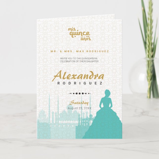 Turquoise & Gold Arabian Quinceañera Photo Invitation (Front)