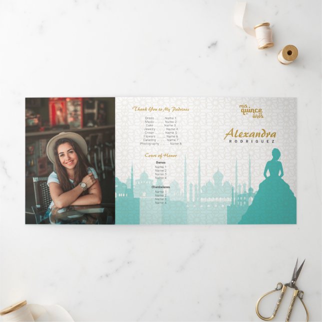 Turquoise & Gold Arabian Quinceañera Photo Tri-Fold Invitation (Outside)