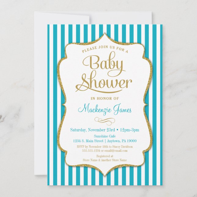 Turquoise Gold Baby Shower Invitation Neutral Aqua (Front)