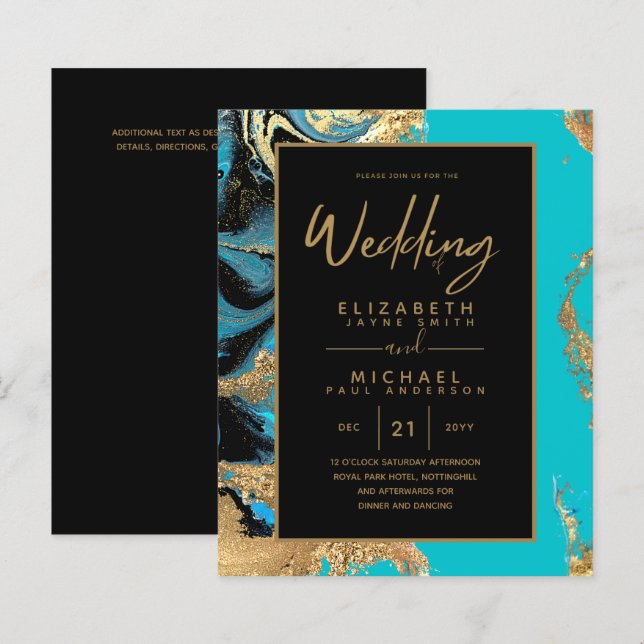 Turquoise Gold Black Agate Budget Wedding Invites (Front/Back)