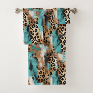 Turquoise Gold Black Leopard Bath Towel Set
