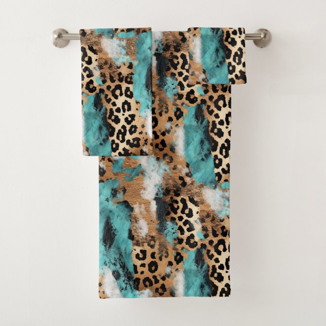 Turquoise Gold Black Leopard Bath Towel Set (Insitu)