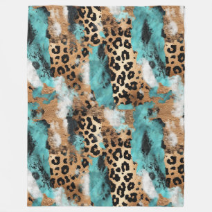 Turquoise Gold Black Leopard Fleece Blanket
