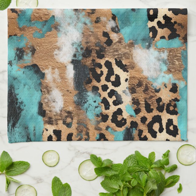 Turquoise Gold Black Leopard Tea Towel (Folded)