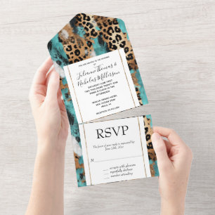 Turquoise Gold Black Leopard Wedding All In One Invitation