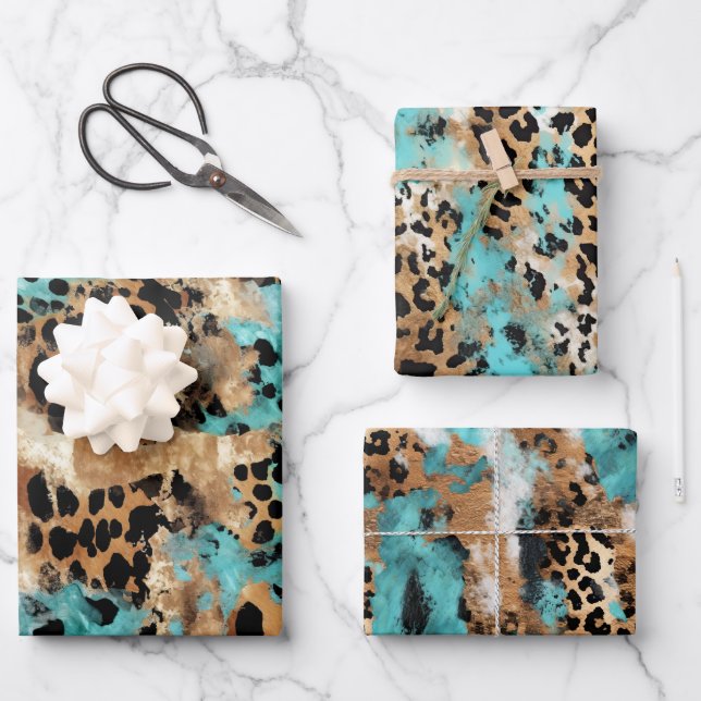 Turquoise Gold Black Leopard Wrapping Paper Sheet (Front)