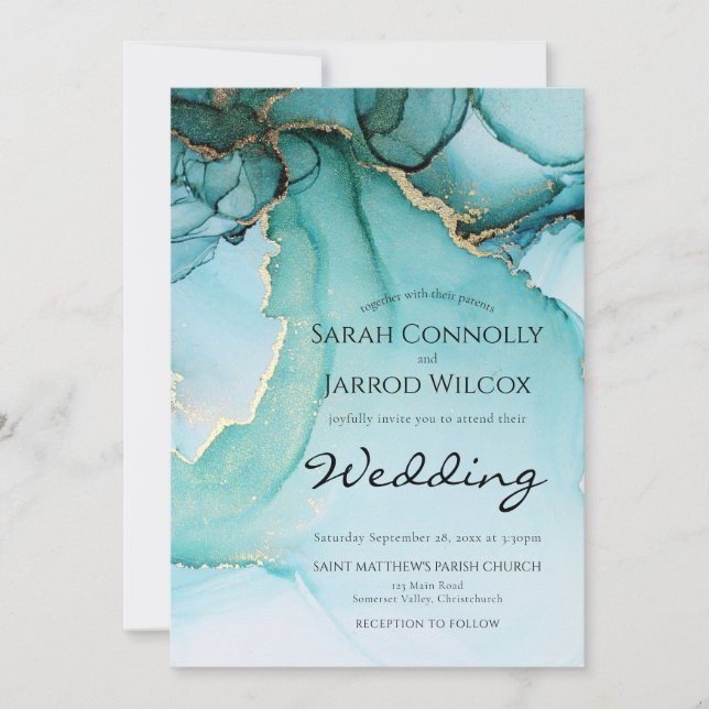Turquoise Gold Black Moody Wedding Invitation (Front)
