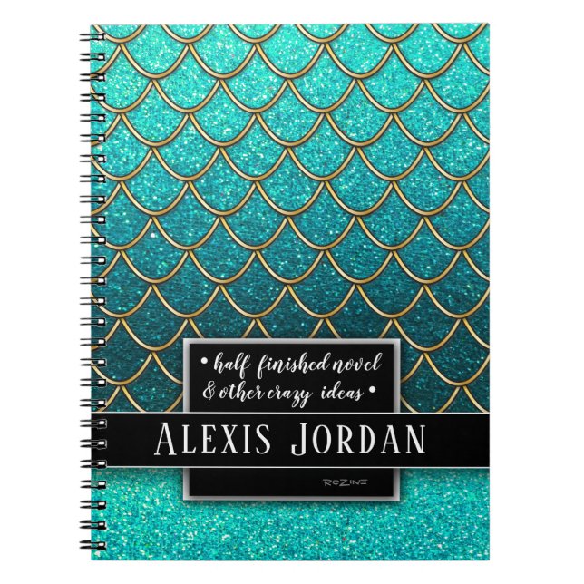 Turquoise Gold Black Ombre Glitter Mermaid Ocean Notebook (Front)