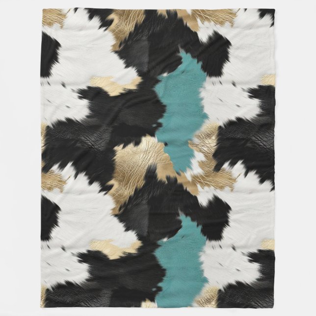 Turquoise Gold, Black White Cowhide Fleece Blanket (Front)