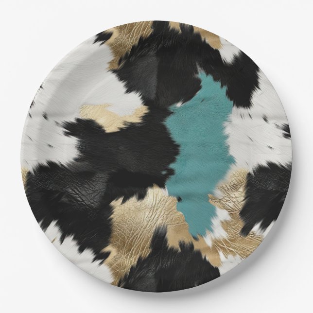 Turquoise Gold, Black White Cowhide Paper Plate (Front)