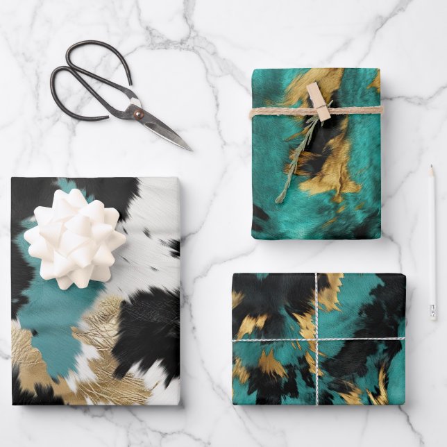 Turquoise Gold, Black White Cowhide Wrapping Paper Sheet (Front)