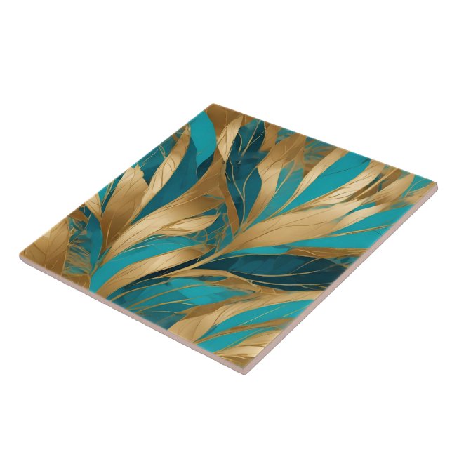 Turquoise Gold Boho Leaves Popular Collection Tile (Side)