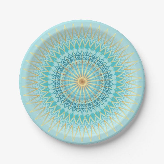 Turquoise Gold Boho Mandala Paper Plate (Front)