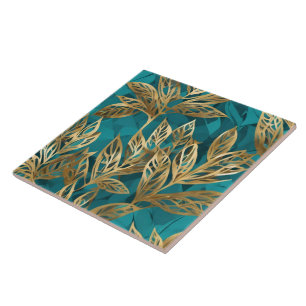 Turquoise Gold Boho Modern Leaves Collection Tile