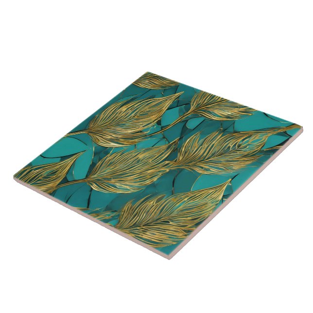 Turquoise Gold Boho Trendy Leaves Collection Tile (Side)