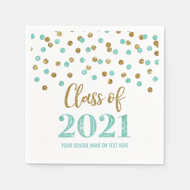 Turquoise Gold Confetti Class of 2021 Graduation Napkin (Front)