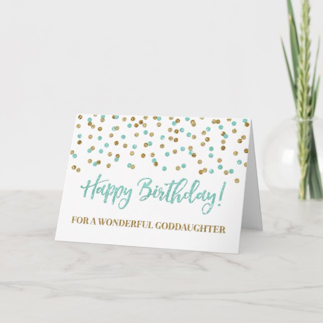 Turquoise Gold Confetti Goddaughter Birthday Card (Front)