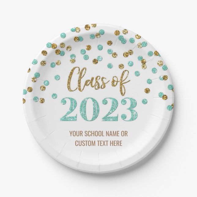 Turquoise Gold Confetti Graduation 2023 Paper Plate (Front)