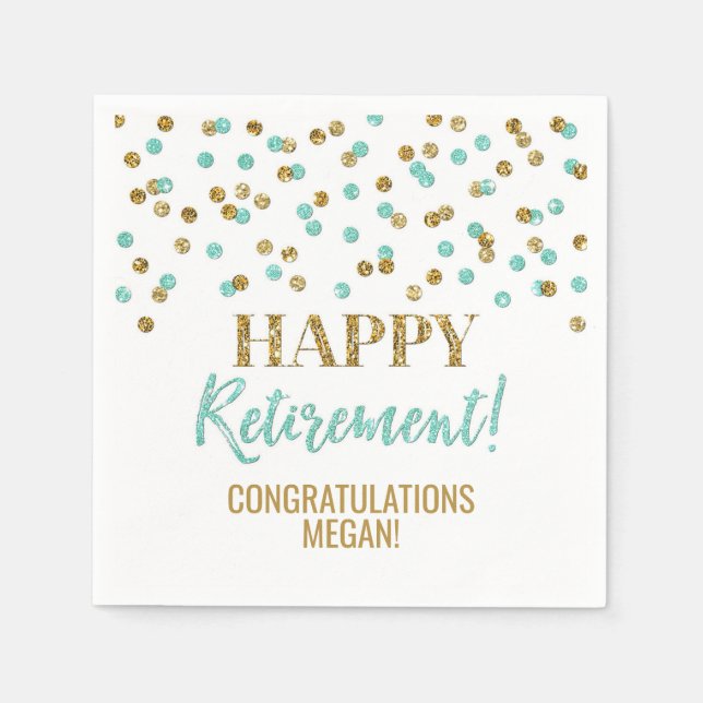 Turquoise Gold Confetti Happy Retirement Napkin (Front)