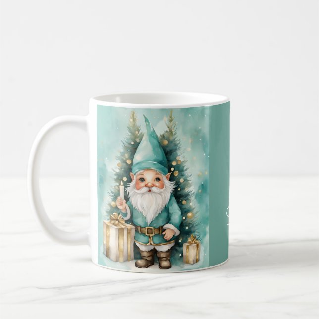 Turquoise & Gold Cosy Christmas Gnome Coffee Mug (Left)