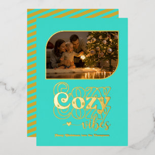 Turquoise & Gold Cosy Vibes Retro Christmas Photo Foil Holiday Card