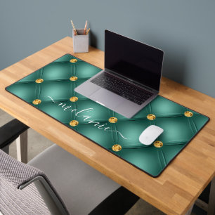 Turquoise Gold Diamond Tufted Custom Name Desk Mat