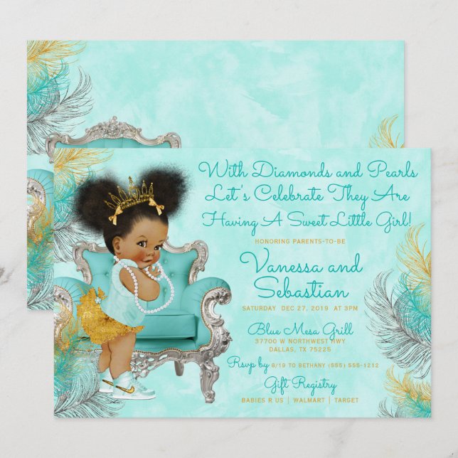 Turquoise Gold Feather Baby Shower Invitation (Front/Back)
