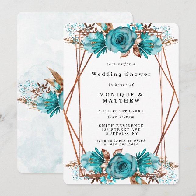 Turquoise Gold Floral Frame Wedding Shower Invites (Front/Back)