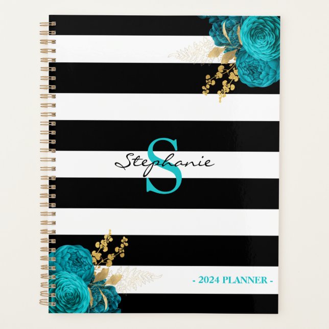 Turquoise Gold Floral Monogram Black Stripes 2024 Planner (Front)