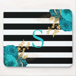 Turquoise Gold Floral Monogram Black White Stripes Mouse Mat