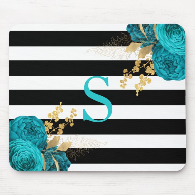 Turquoise Gold Floral Monogram Black White Stripes Mouse Mat (Front)