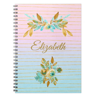 Turquoise & Gold Floral Personalized Notebook