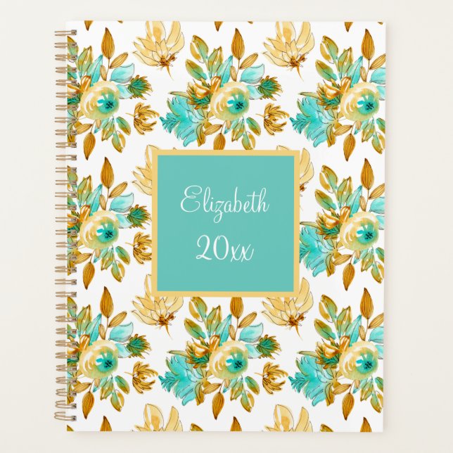 Turquoise & Gold Floral Personalized Planner (Front)