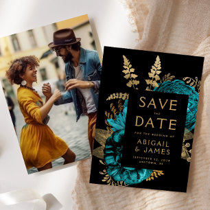 Turquoise Gold Floral Photo Wedding Save the Date Invitation