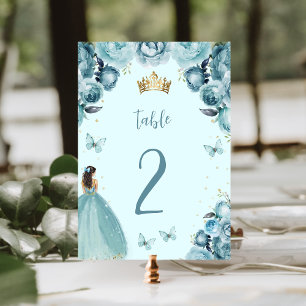 Turquoise Gold Floral Princess Quinceañera Table Number