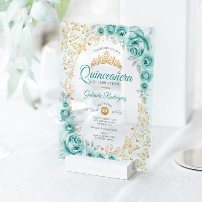 Turquoise Gold Floral Quinceanera Acrylic Invitations (Creator Uploaded)