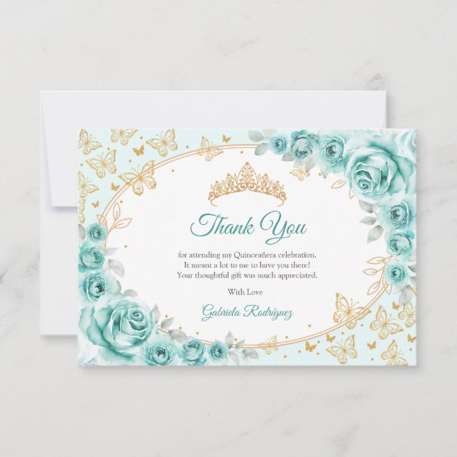 Turquoise Gold Floral Quinceanera Thank You Card (Front)