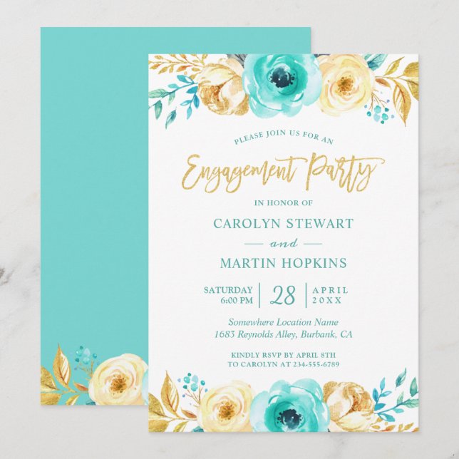 Turquoise Gold Floral Romance Engagement Party Invitation (Front/Back)