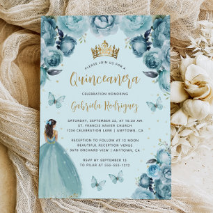 Turquoise Gold Floral Watercolor Quinceañera Invitation