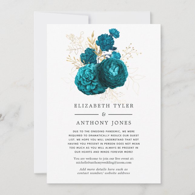Turquoise & Gold Floral Wedding Reduced Guest List Announcement (Front)